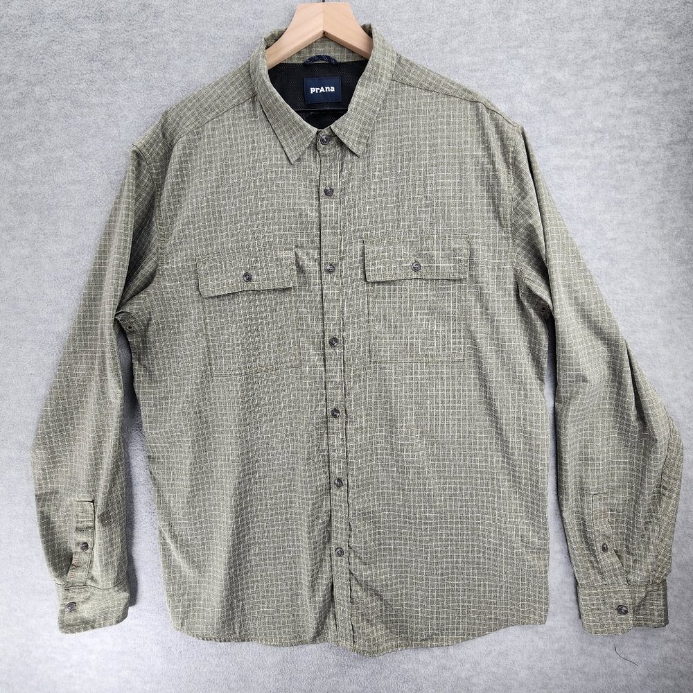 PrAna Shirt Mens Extra Large Brown Button Down Vented Grid Check Pockets Outdoor